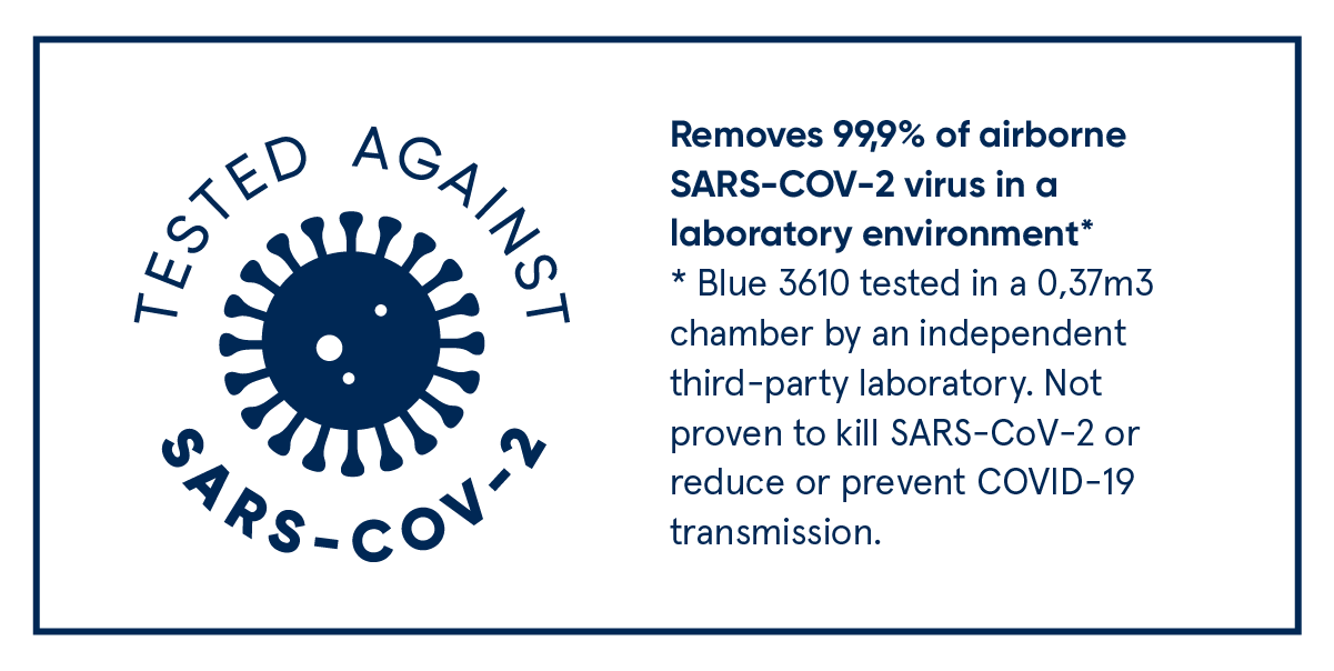 Tar bort 99,9 % av luftburet SARS-COV-2-virus i laboratoriemiljö. Blue 3610 är testad i en 0,37m³ kammare av ett oberoende tredjepartslaboratorium. Det är inte bevisat att luftrenaren dödar SARS-CoV-2 eller minskar eller förhindrar överföring av COVID-19.