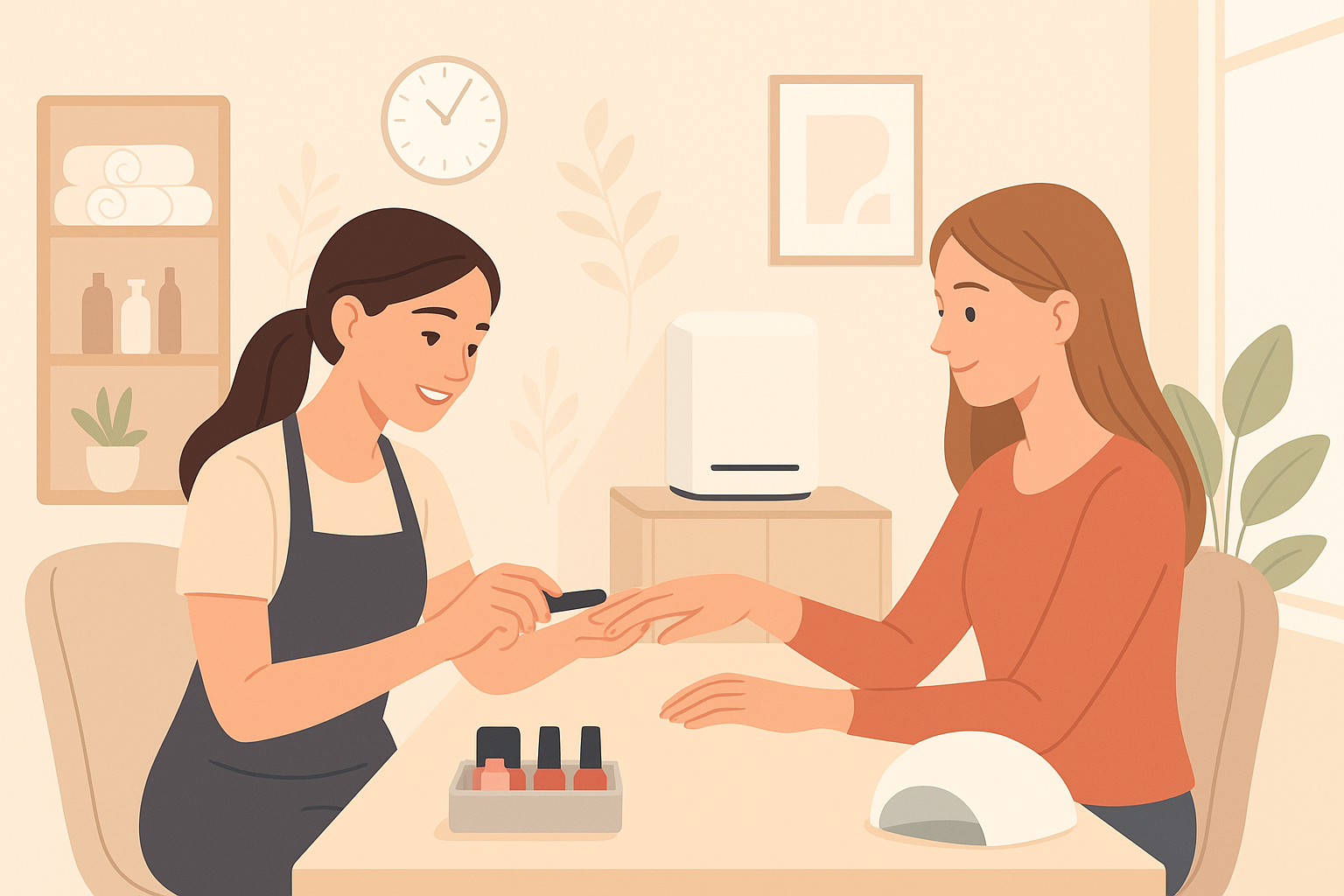 Tecknad bild av en nagelteknolog och kund 