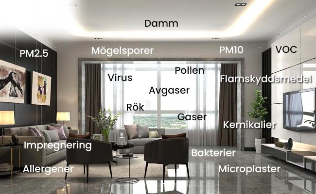 Bild som visar olika luftf&ouml;roreningar