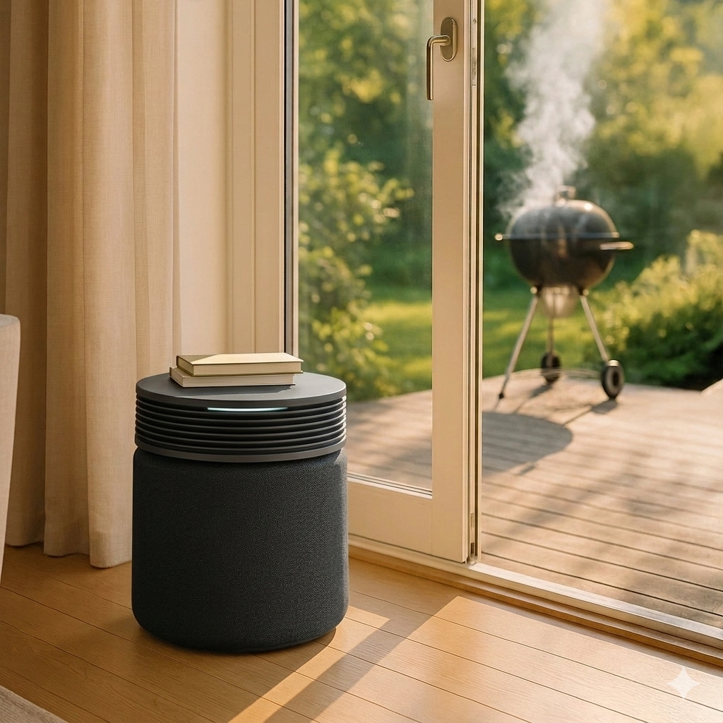 Grill p&aring; balkong och Blue Signature Dark luftrenare