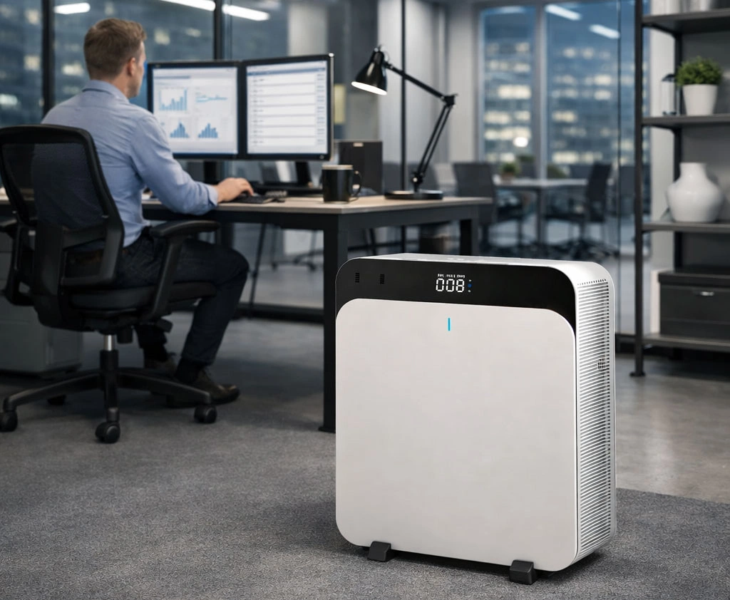 Blueair Classic Pro CP7i luftrenare på ett kontor (bild skapad med AI för att visa ett exempel på miljö)