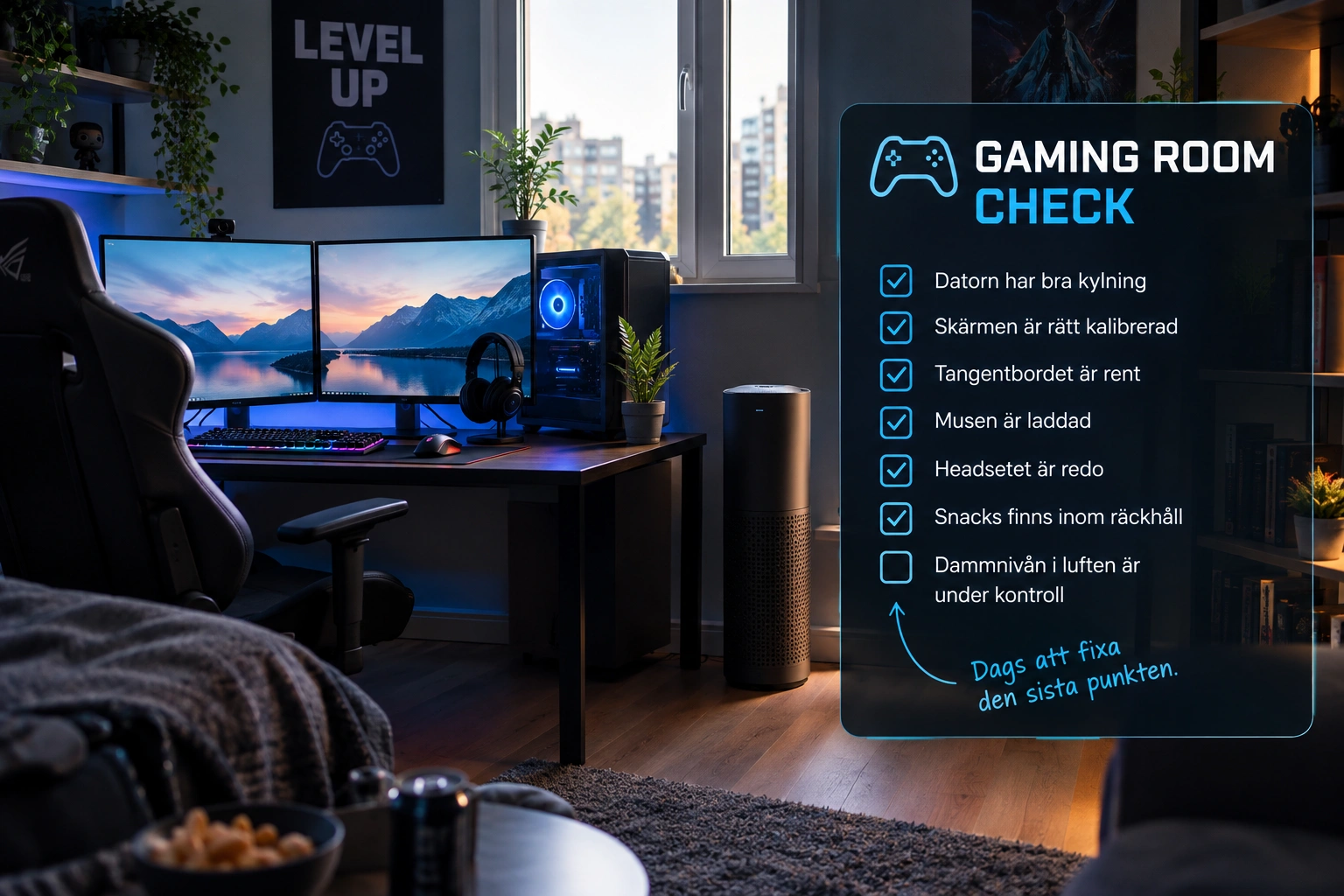 luftrenare som tar bort damm och kemikalier i ett gamingrum